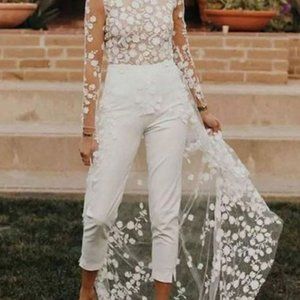 White Simple Wedding Lace Jumpsuit